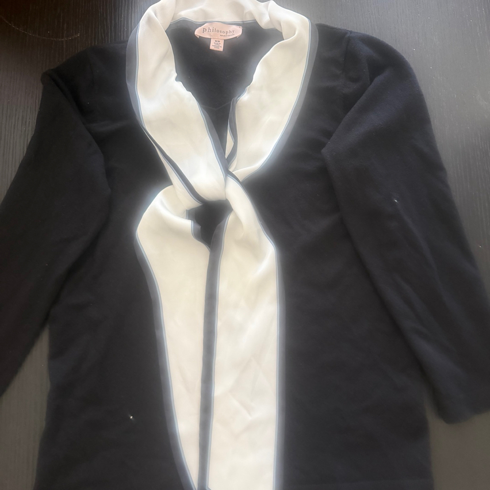Philosophy Black & Ivory Scarf Tie Cardigan Sweater Size Medium 3/4 Sleeve
